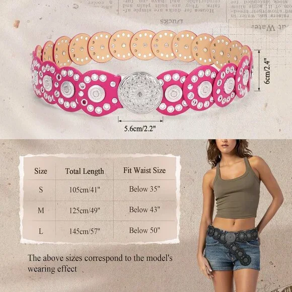 Women Vintage Disc Waist Concho Leather Belt Boho Waist Belt Rose Red Silver